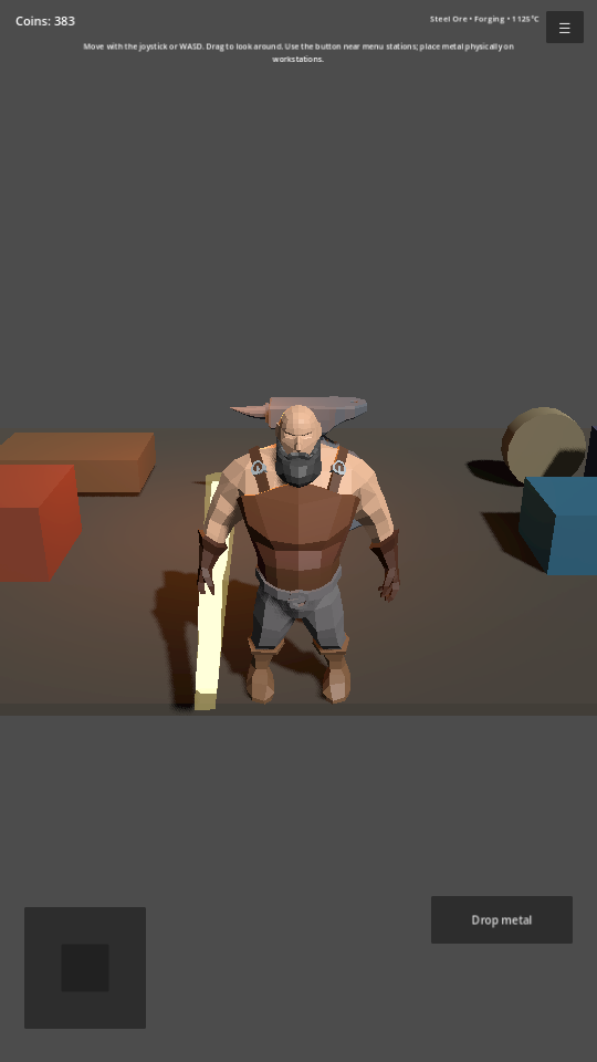 Current Project Blacksmith prototype showing the low-poly blacksmith carrying a workpiece inside the 3D workshop